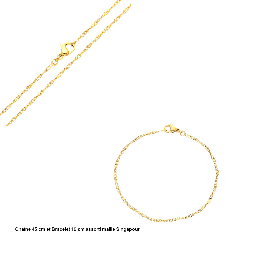 Parure bijoux femme plaqué or jaune avec bracelet maille Singapour : le cadeau idéal