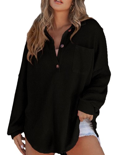 Women's Waffle Knit Tops Henley Shirts Long Sleeve V Neck Solid Color Casual c
