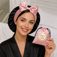 100 Mulberry Silk Bonnet for Sleeping Women Hair Wrap Curly Hair Black Pink Bow