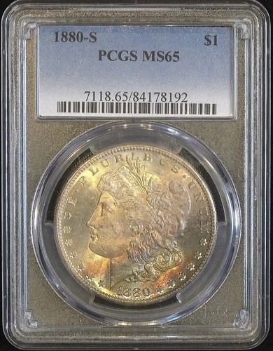 1880-S Morgan Silver Dollar PCGS MS65 – Vibrant Rainbow Toned Gem, Lustrous