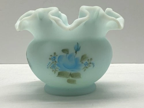 Gorgeous Fenton  Blue Satin Vase/Rose Bowl w/Hand Painted Roses ~ Signed Freda H