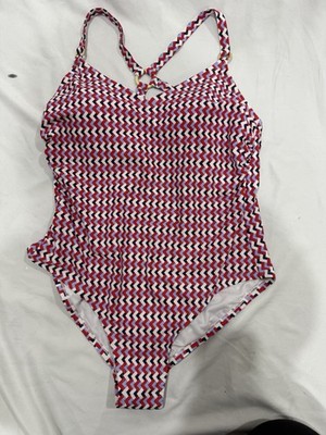 Kona Sol Red Blue Chevron One Piece Swimsuit Size 18  Crisscross Back NWT