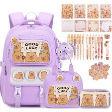 Capybara Backpack for School Girls, 30PCS Purple Backpack With Stationery