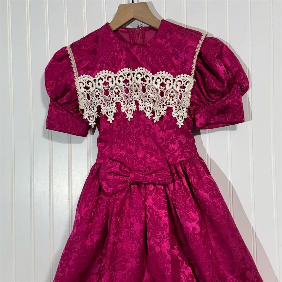 Vintage Jessica McClintock Girls Dress 7 Pink Lace Puff Sleeve Bow Holiday USA - Image 2 of 4