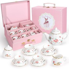Kids Porcelain Tea Set for Girls - Princess Tea Party Playset with Teapot Cups