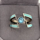 Vintage Sterling Silver Blue Topaz Turquoise Inlay Modernist Band Ring Size 9