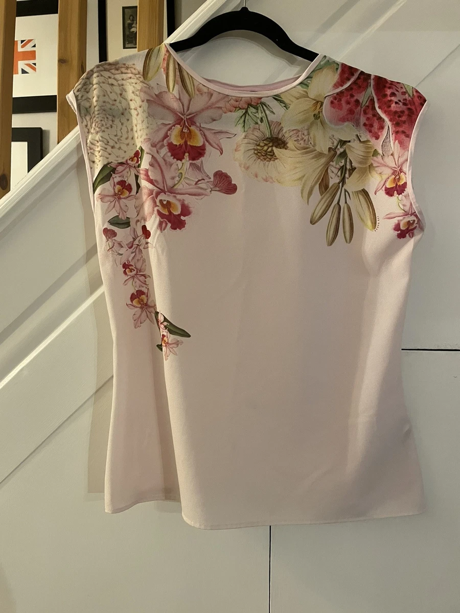 Top Ted Baker London Daynaa - Taille S/M, Rose, Col V Sans Manches Avec Nœud, Coton, Parfait Pour Le Bureau