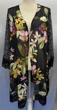 CJ Banks Kimono Womens Plus Sz 3X Boho Floral Black Lace Chiffon Open Front Top