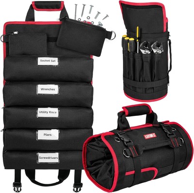 Tool Bag,Large Roll Up Bag Organizer,13 Pockets X-Large, Black+Red 
