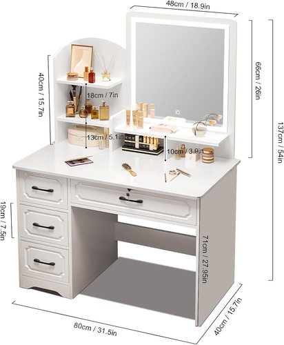 Schminktisch Frisiertisch Kosmetiktisch mit Hocker LED-Spiegel Schubladen Weiß - Bild 23 von 27