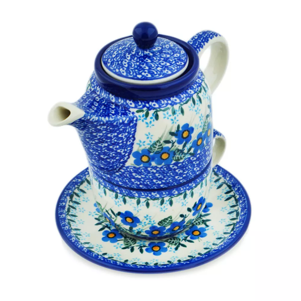 Polish Pottery Tea Set for One 17 oz Ceramika Artystyczna Blue Joy