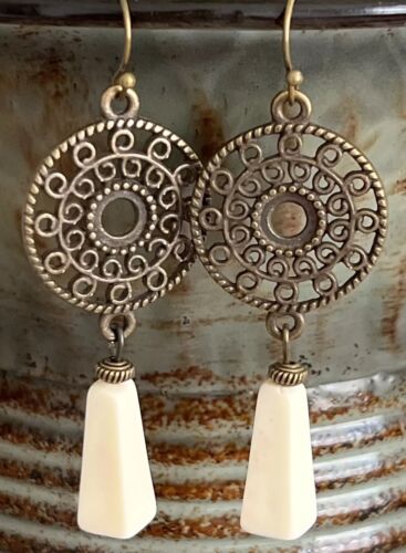 Etched Bronze and Ivory Drop Dangle Earrings. - Picture 2 of 3