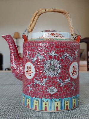 粉彩瓷双囍茶壶万寿无疆杯Vintage Chinese Famille Rose Porcelain