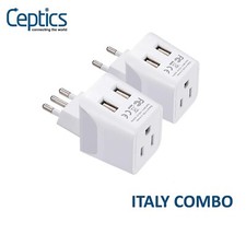 Ceptics Italy, Europe Travel Adapter Plug Set - with 2 USB Socket -Type L and C