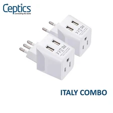 Ceptics Italy, Europe Travel Adapter Plug Set - with 2 USB Socket -Type L and C