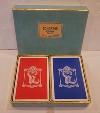 Congress VTG Playing Cards Double Deck Cel-u-tone Finish Blue Suede Box Complete