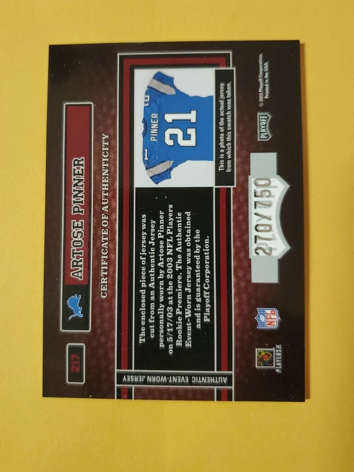 2003 Playoff Hogg Heaven /750 Artose Pinner #217 Rookie Detroit Lions - Image 4 of 4