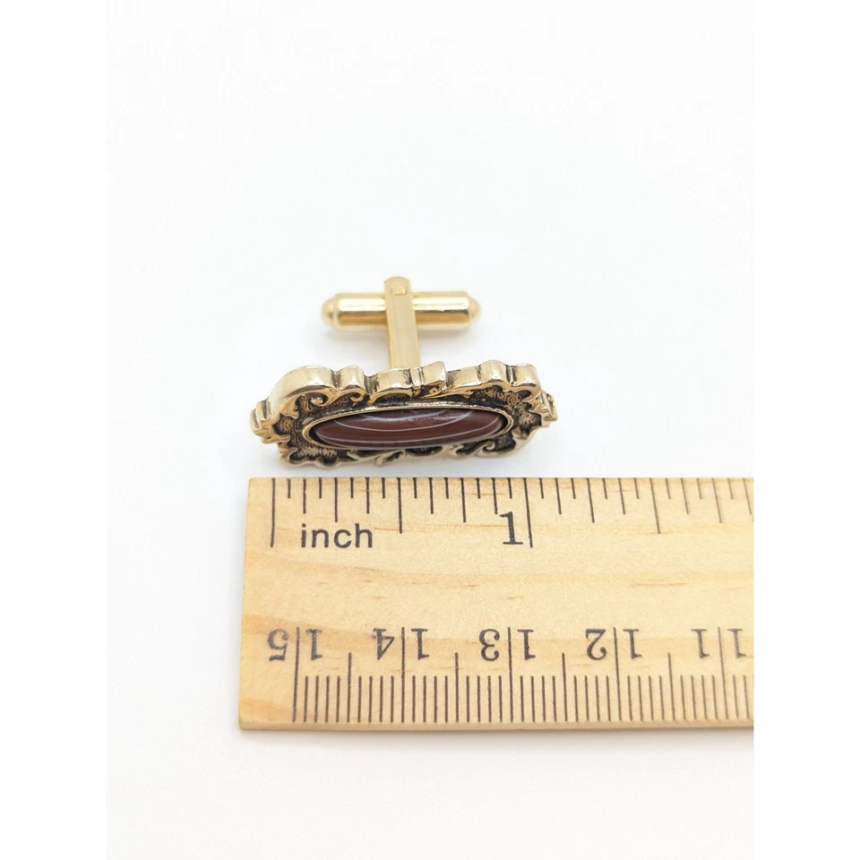 Vintage Shields Striped Red Stone Ornate Cuff Links Link Men Man Mans Wedding Gr - Image 3 of 4