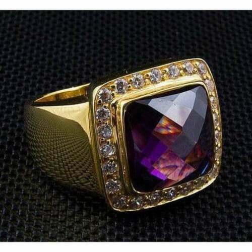 Cushion Amethyst Lab-Created Diamond Men's Wedding Ring 14K Yellow Gold Plated. - Picture 1 of 16