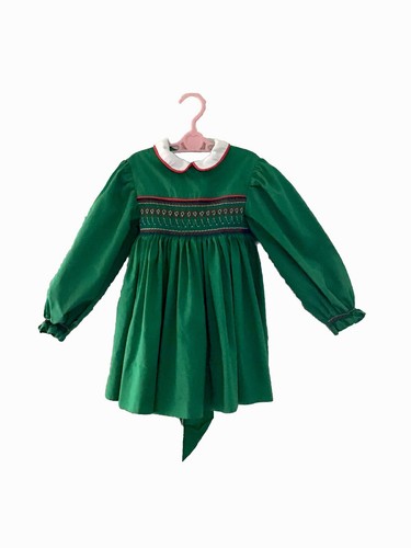 Handmade Toddler Dress Green Embroidered Kites Long Ties 3T? Vintage 1950s