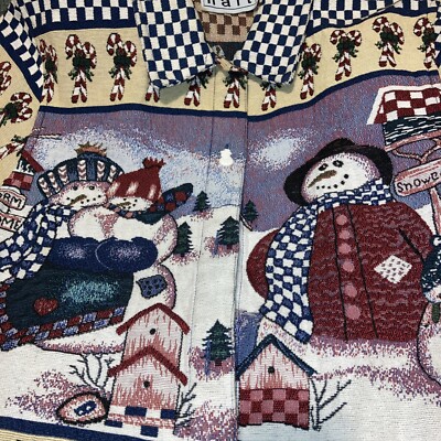 Keren Hart Women's Tapestry Jacket Snowman Winter Button Up Medium Unlined