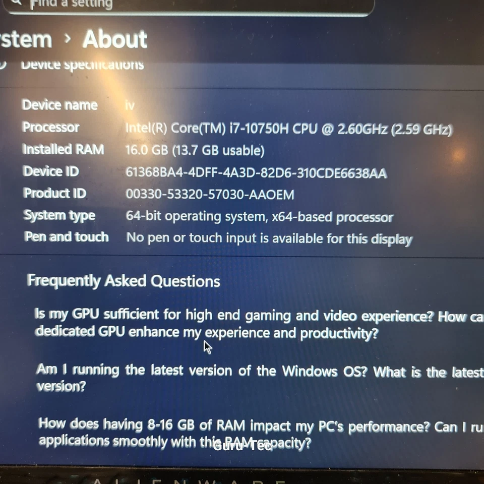 Alienware P87F Core i7-10750H 2.6ghZ GeForce GTX 1660 Ti 16GB RAM 512GB SSD - Image 3 of 4