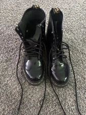 Dr. Martens 8 Hole Boots Black Leather Lace Up Yellow Stitch Size 7 Women Auth