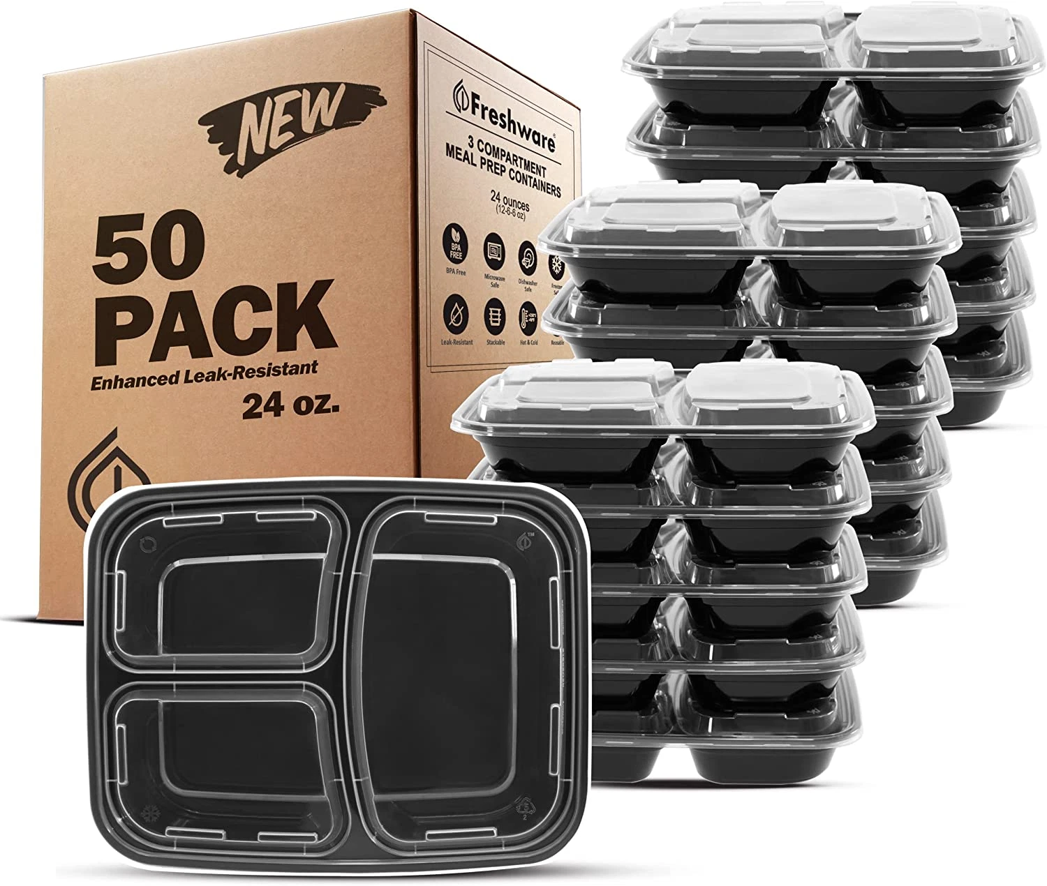 Meal Prep Containers [50 Pack] 3 Compartment Food Storage Containers with Lids,