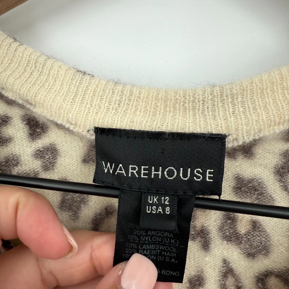 Warehouse Sweater Womens 8 Multicolor Leopard Print Lambswool Tight Knit V Neck - Изображение 3 из 4