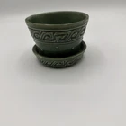 Vintage McCoy USA Green  Greek Key Violet Pot Planter w Attached Saucer 2 3/4"
