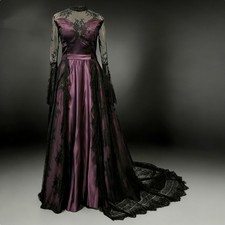 Vintage Black Applique Wedding Dresses Long Sleeve A-Line 1980s Bridal Gowns