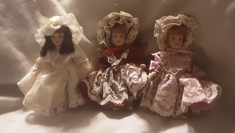 3 Miniature Porcelain Doll Winter Holiday Christmas Ornaments Figures