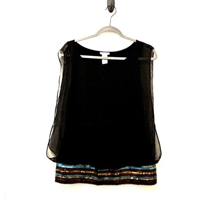 CACHE  Black Layered Gold Sequin Banded Sleeveless Top Womens Medium New