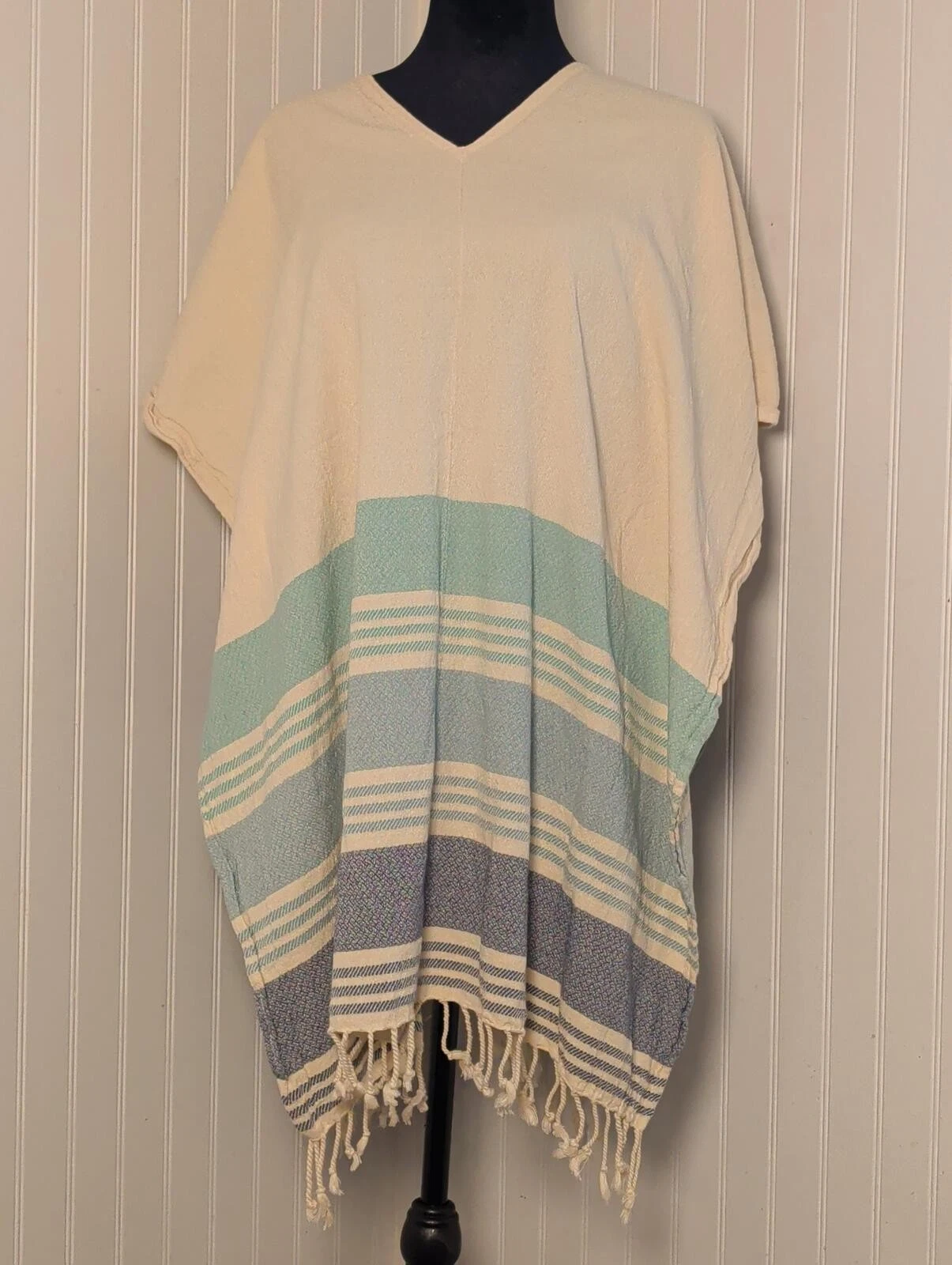 Handmade V-Neck Poncho with Striped Pattern and Fringe Detail Beach Drying