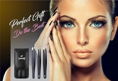 LUMAZU Professional Stainless Steel Eyebrow Tweezers- Flat, Pointed & Slant Tips – Set