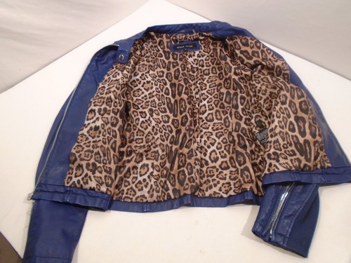 Blue Faux Leather Jacket Black Rivit Women’s Size Large zip front lined - Picture 3 of 8