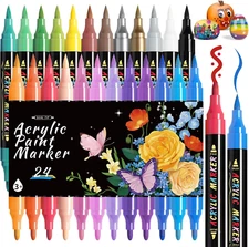 Dual Tip Acrylic Paint Markers, 24 Colors Paint Pens with Fine Tip and Brush Tip