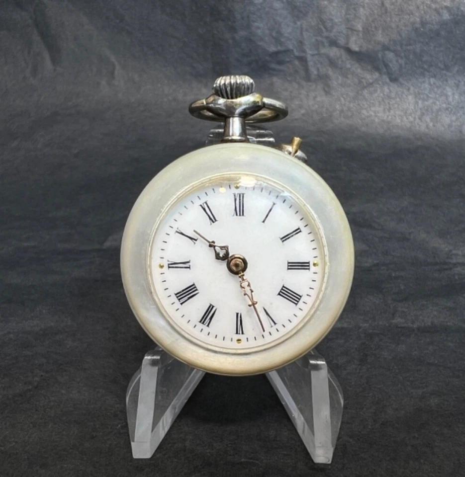 19c. Victorian Memento Mori Skull Small Pocket Watch Mother Of Pearl Case MOP - Image 3 of 4