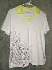 Nivo Polo Shirt Womens Size M White Yellow Abstract Short Sleeve Pullover Top