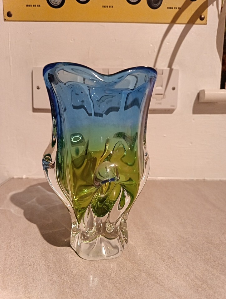 heavy mid century blue green glass vase 19cm eBay