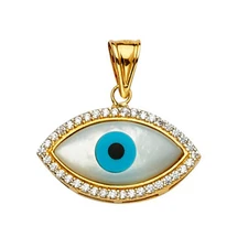 Genuine 14k Yellow Gold 0.78" Mother of Pearl & Cubic Zirconia Evil Eye Pendant