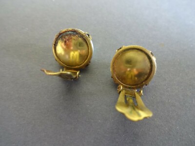 Boucle D'oreille Clip Cabochon Cristal Facetté Bleu Irisé - Métal Doré (laiton) - Occasion Avec Légère Oxydation