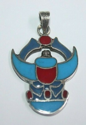 Pharaonisches Skarabäus Amulett Sterling Silber 925 Anhänger rote Koralle Lap...