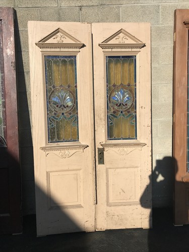 Cm 702 Pair Antique Stained Glass Entrance Doors 47.5 X 84 X 2
