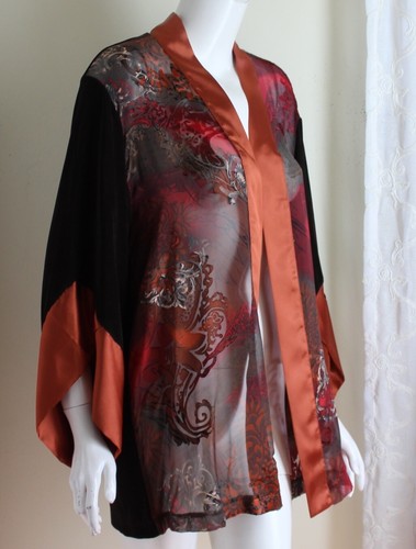 NWT Chico's Travelers Sz 2 L Semi-Sheer Silk Front Kimono Asian Orange Jacket - Picture 7 of 11