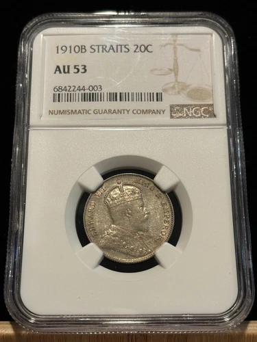 STRAITS SETTLEMENTS 20 Cents 1910 B, Bombay Mint, NGC AU 53, Scarce. X4