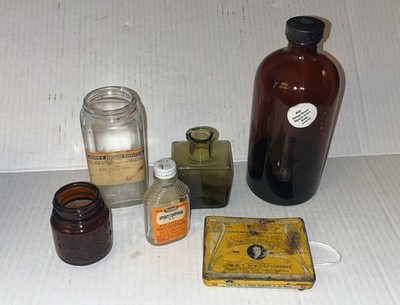 Unique Lot of 6 Antique Medicine Apothecary Bottles & Tin