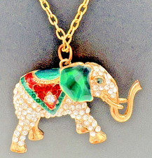 Vintage Enamel Rhinestone Elephant Pendant Lucky Elephant Necklace Made In USA