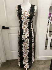 NWOT KY s Hawaii Vintage Hawaiian Long Maxi Dress, Black Hibiscus, M