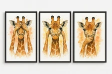 GIRAFFE SET OF 3 SPEAK HEAR SEE NO EVIL A4  PRINT PICTURE WALL ART HOME DECOR
